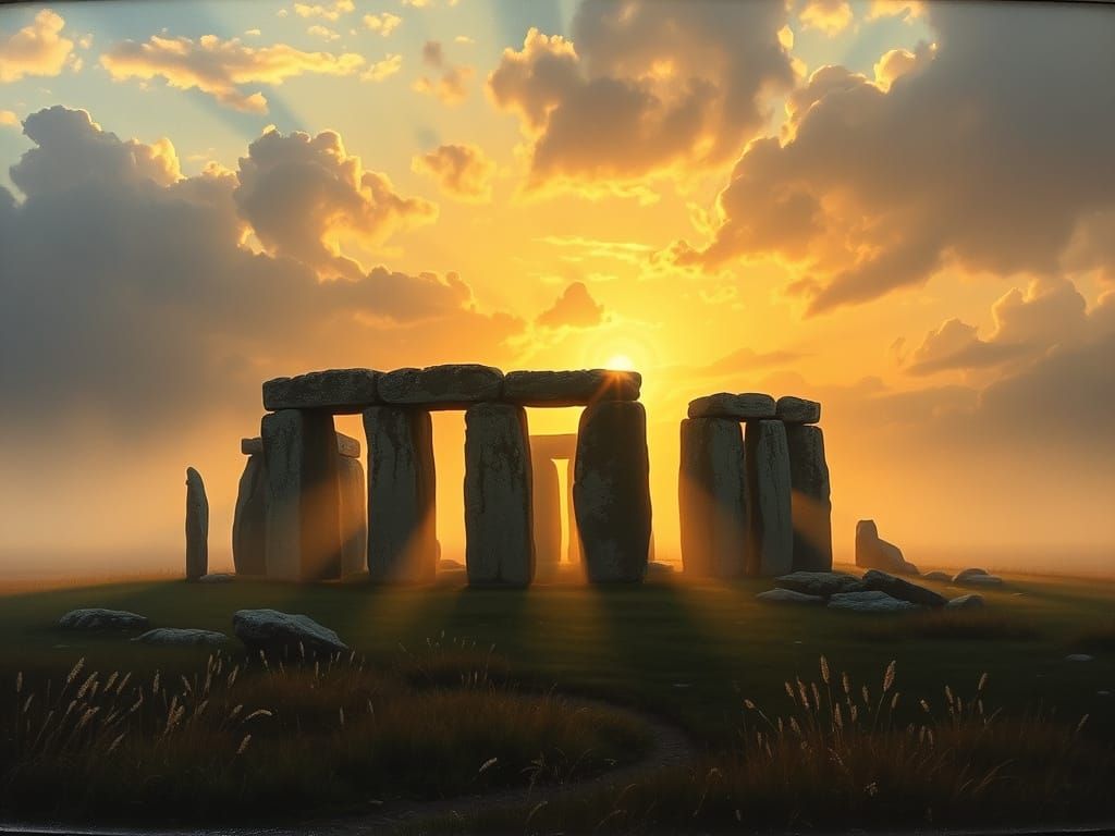 Mysterious Stonehenge at Dawn in an Otherworldly Enamel Styl...