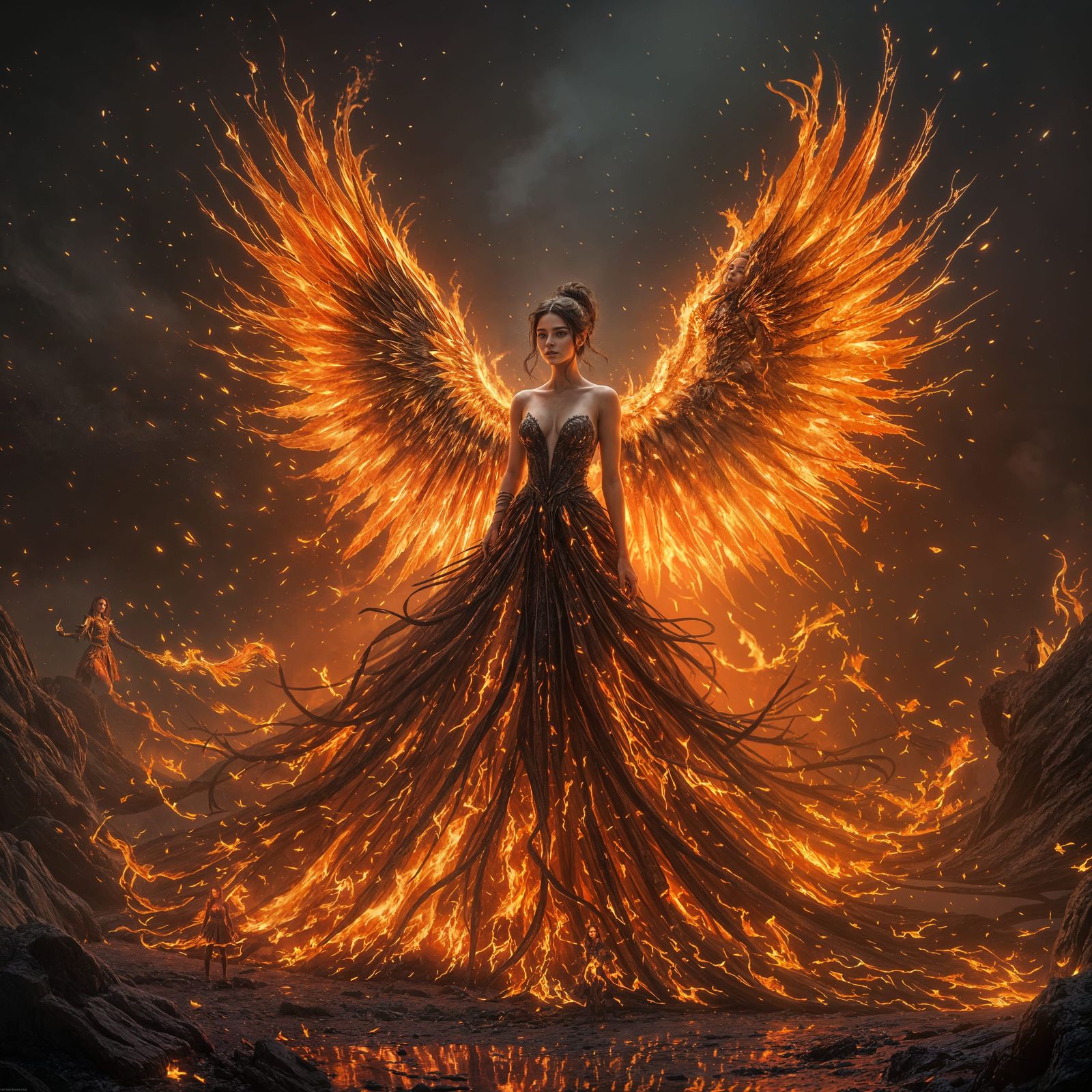 Young Witch in Burning Fire Wing Dress