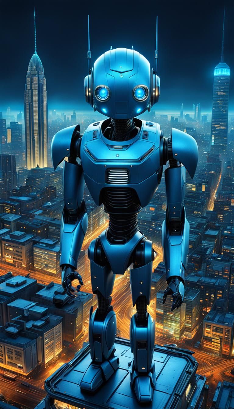 Cyberpunk Robot Uprising in Dark Blue Hues