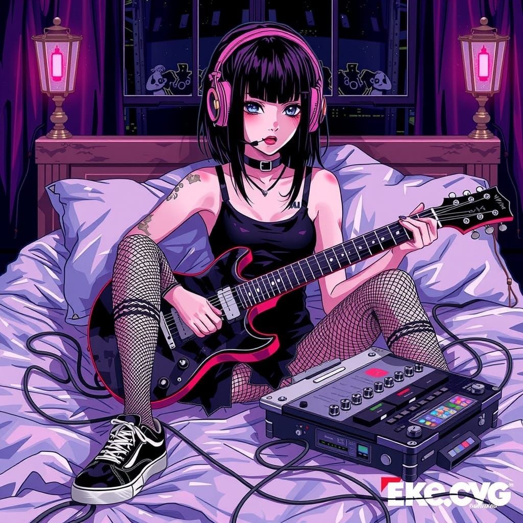 Cyberpunk Guitarist on Rooftop in Anime Style