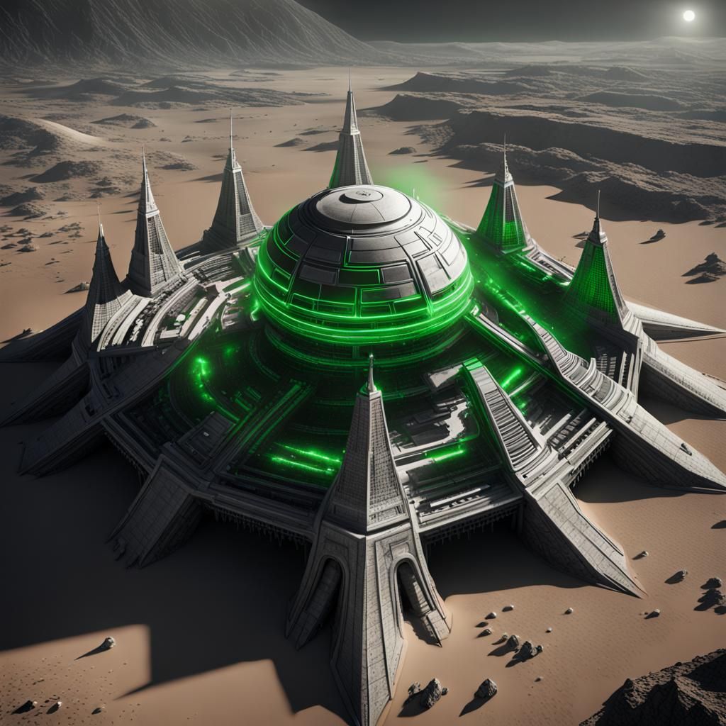 Monochrome Alien Structure with Green Light, Digital Art