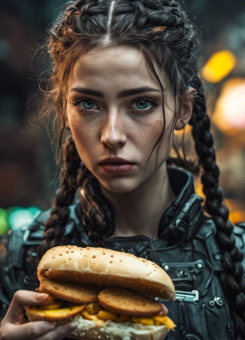 Hyperrealistic Cyberpunk Girl with Sandwich