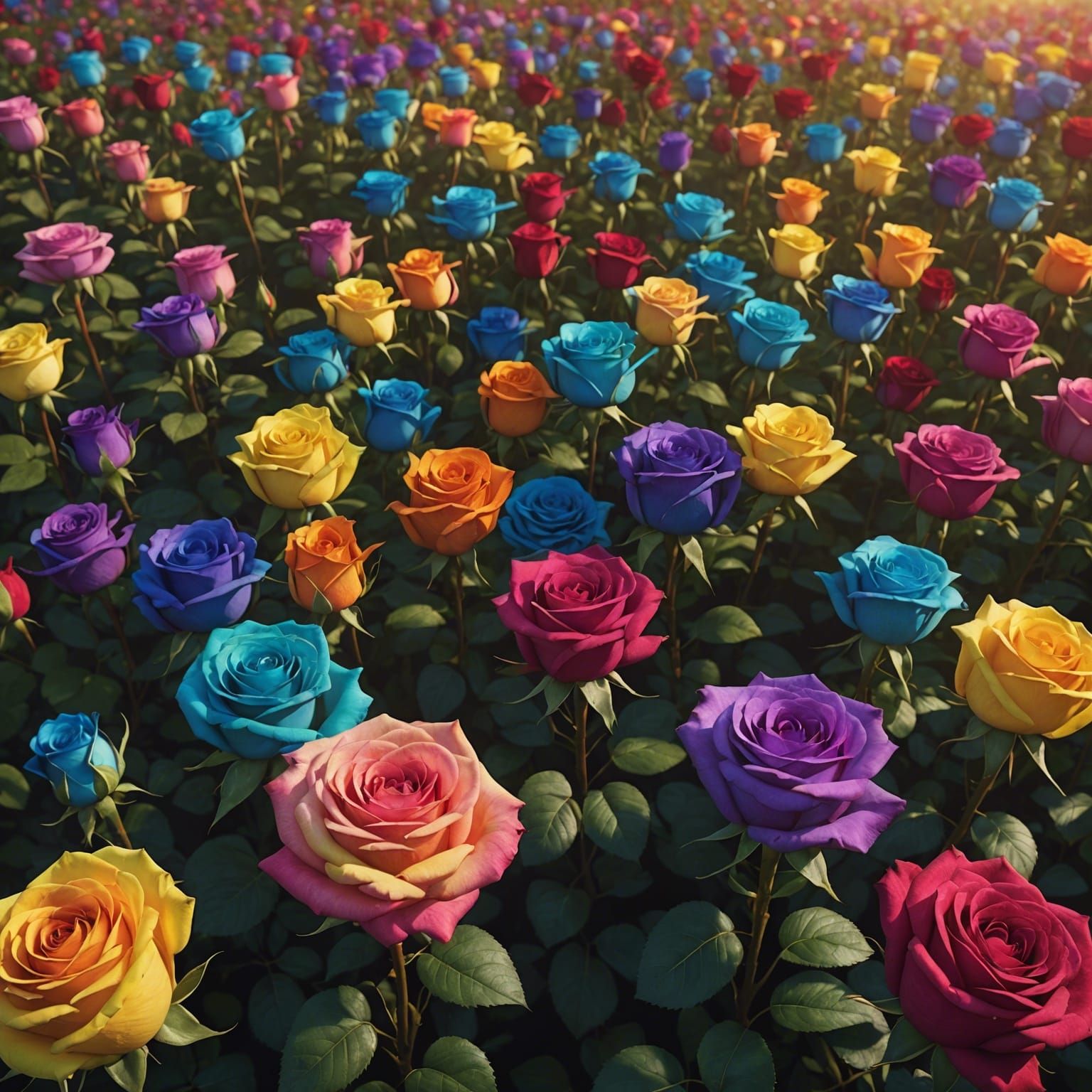 Rainbow Roses Field Glowing: Detailed Matte Painting