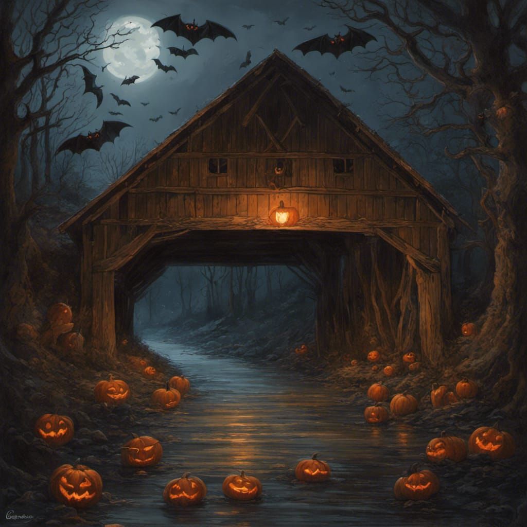 Quaint Jack-O-Lantern Bridge with Red-Eyed Bats
