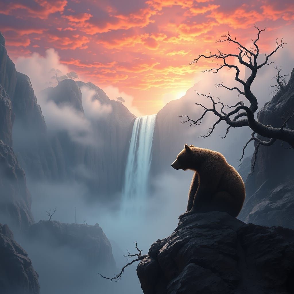 Majestic Bear Contemplates Fiery Fantasy Realm