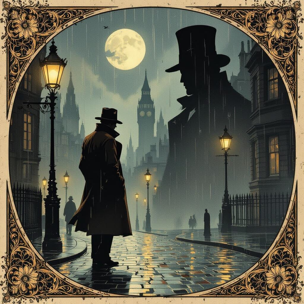 Victorian Detective in London Fog, Art Nouveau Style