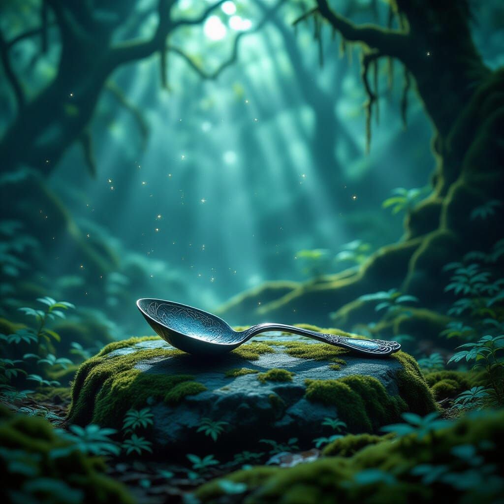 Ancient Celestial Spoon in Mystical Forest Clearing