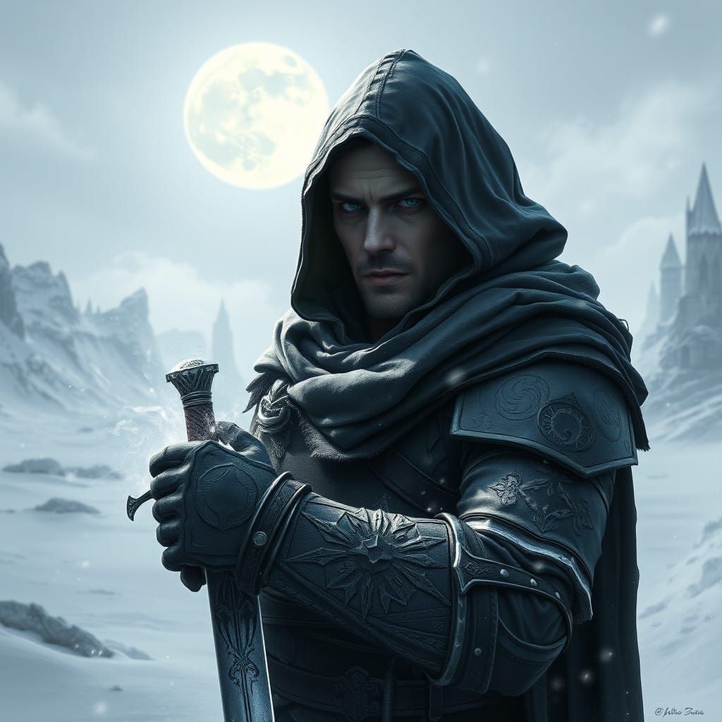 Fierce Snow Elf Warrior Vanoras, Standing Tall in Frozen Wil...