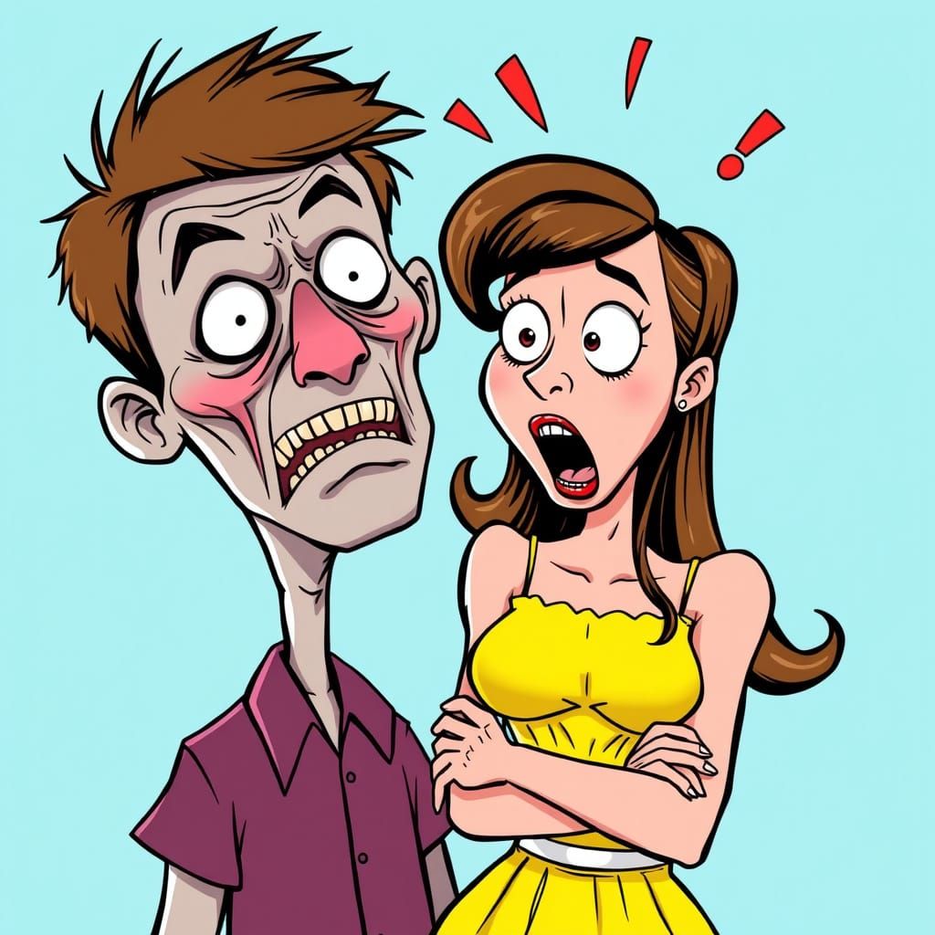 Woman Reacts to Boyfriend in Cartoon Style