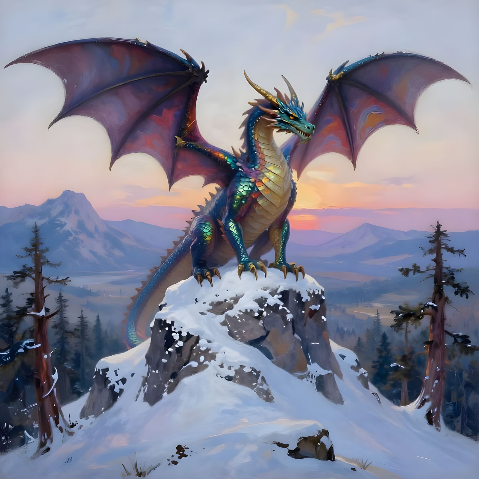 Majestic Dragon on Mountain Peak at Twilight, Oil Painting