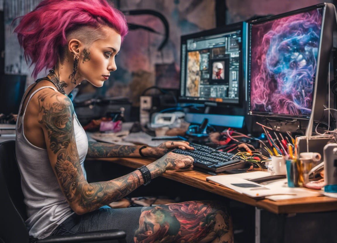 Tech-Savvy Woman with Pink Hair at Computer