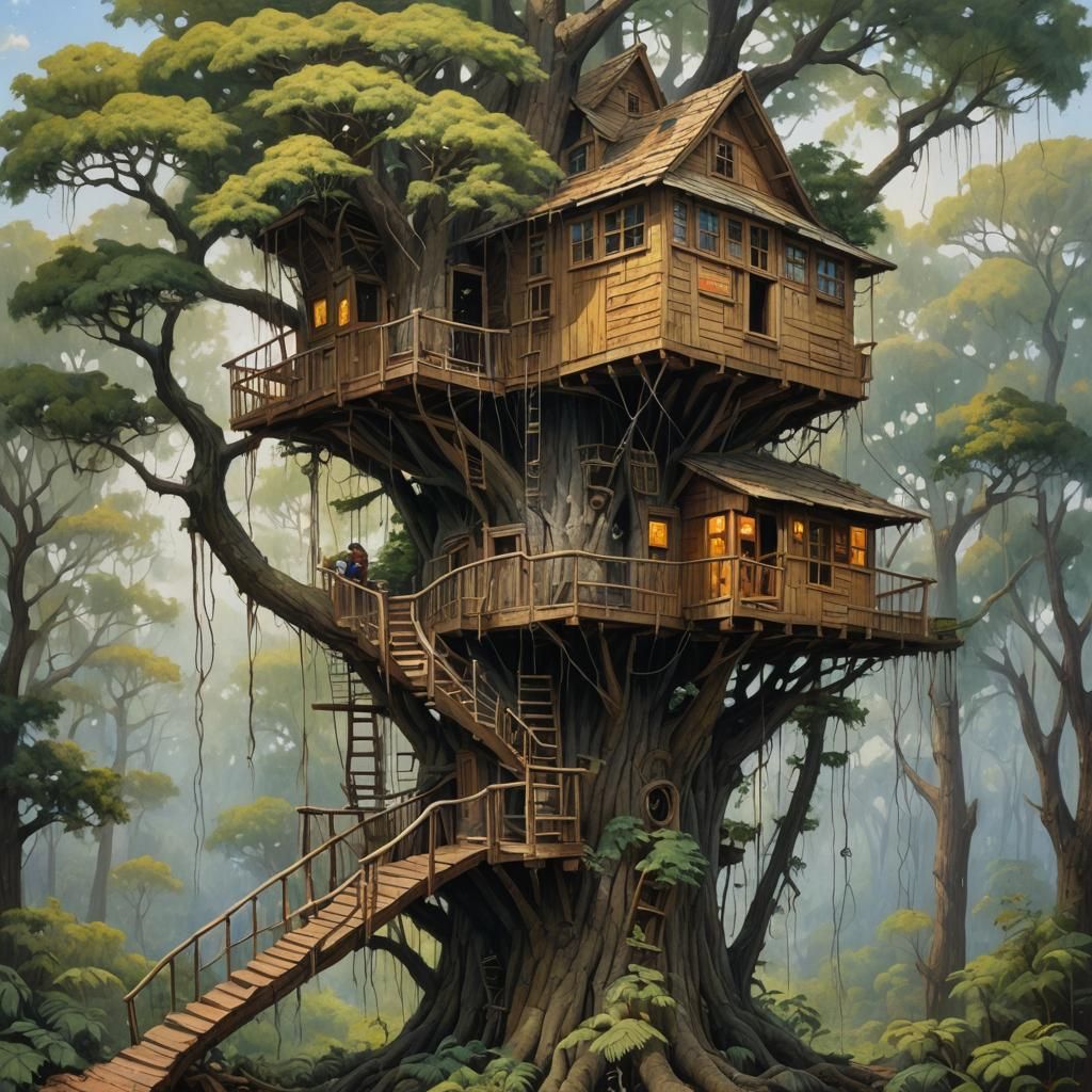 Enchanting Treehouse: An Oil Painting