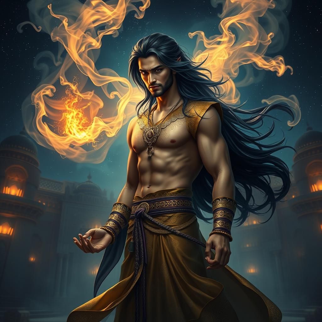 Woman Summons Genie in Middle Eastern Fantasy Art