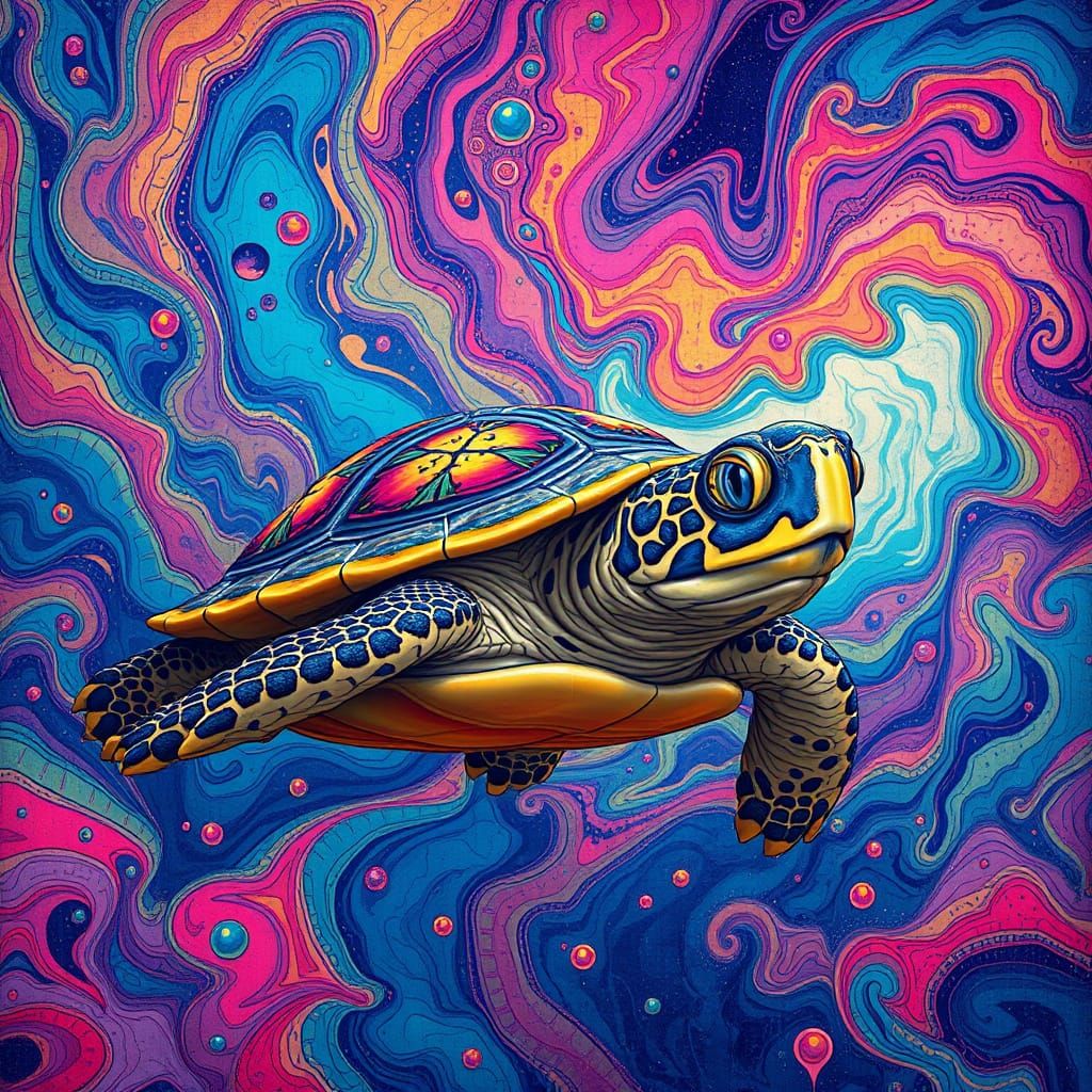 Psychedelic Snapping Turtle in Dreamlike Environment