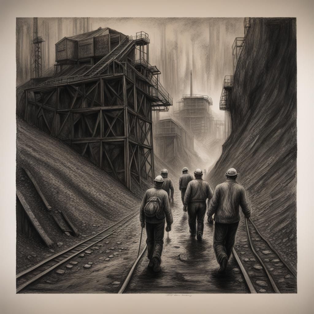 Hyperdetailed Charcoal Drawing of Coal Mine