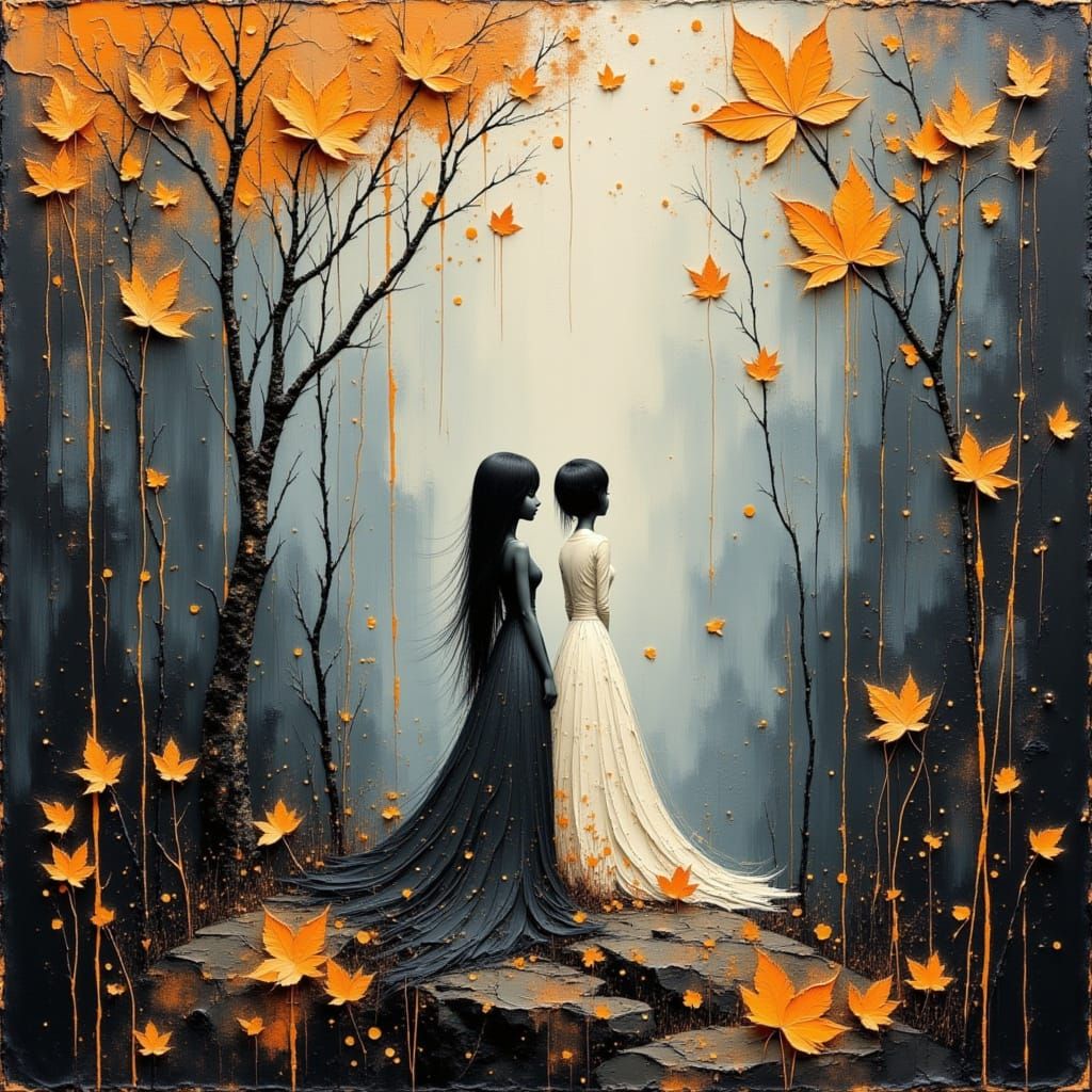 Mystical Figures Amidst Autumn Leaves in Expressive Brushstr...