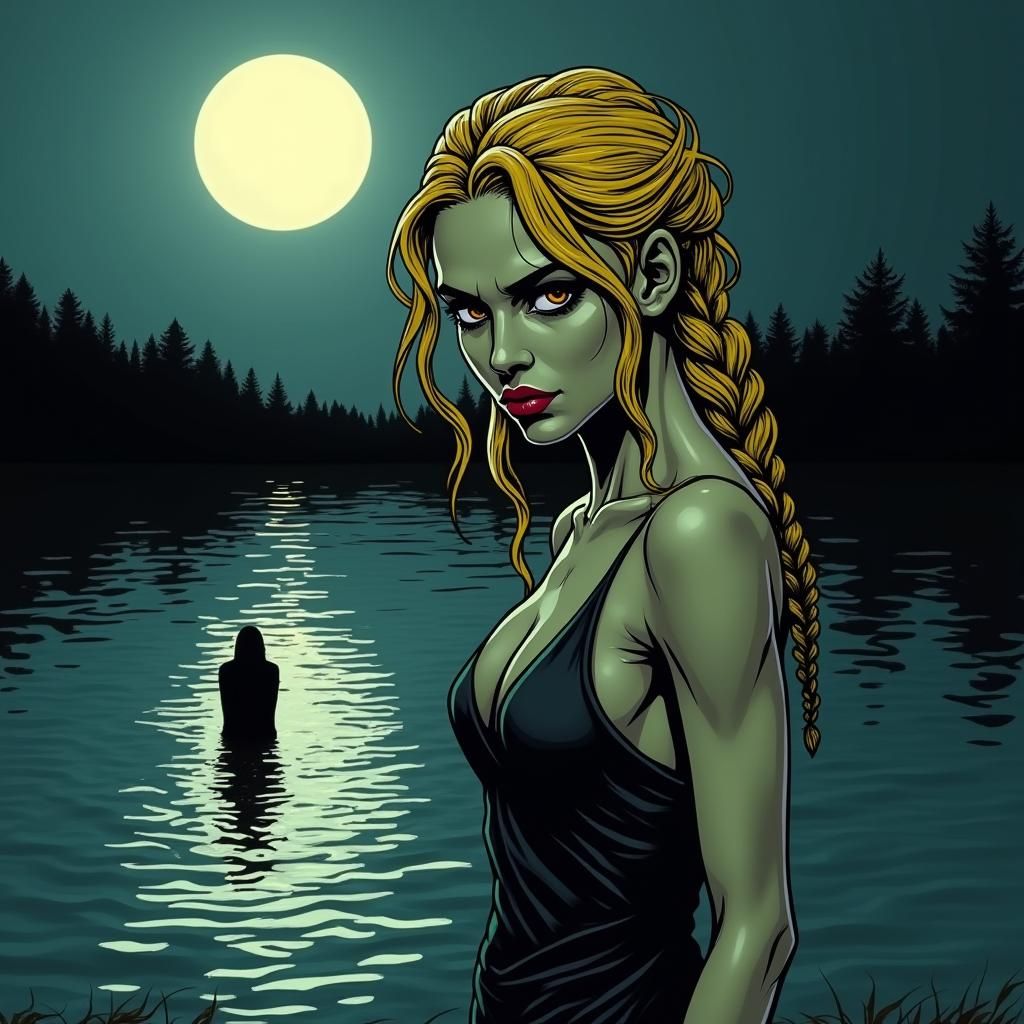Eerie Figure by Moonlit Lake in Gothic Art Style