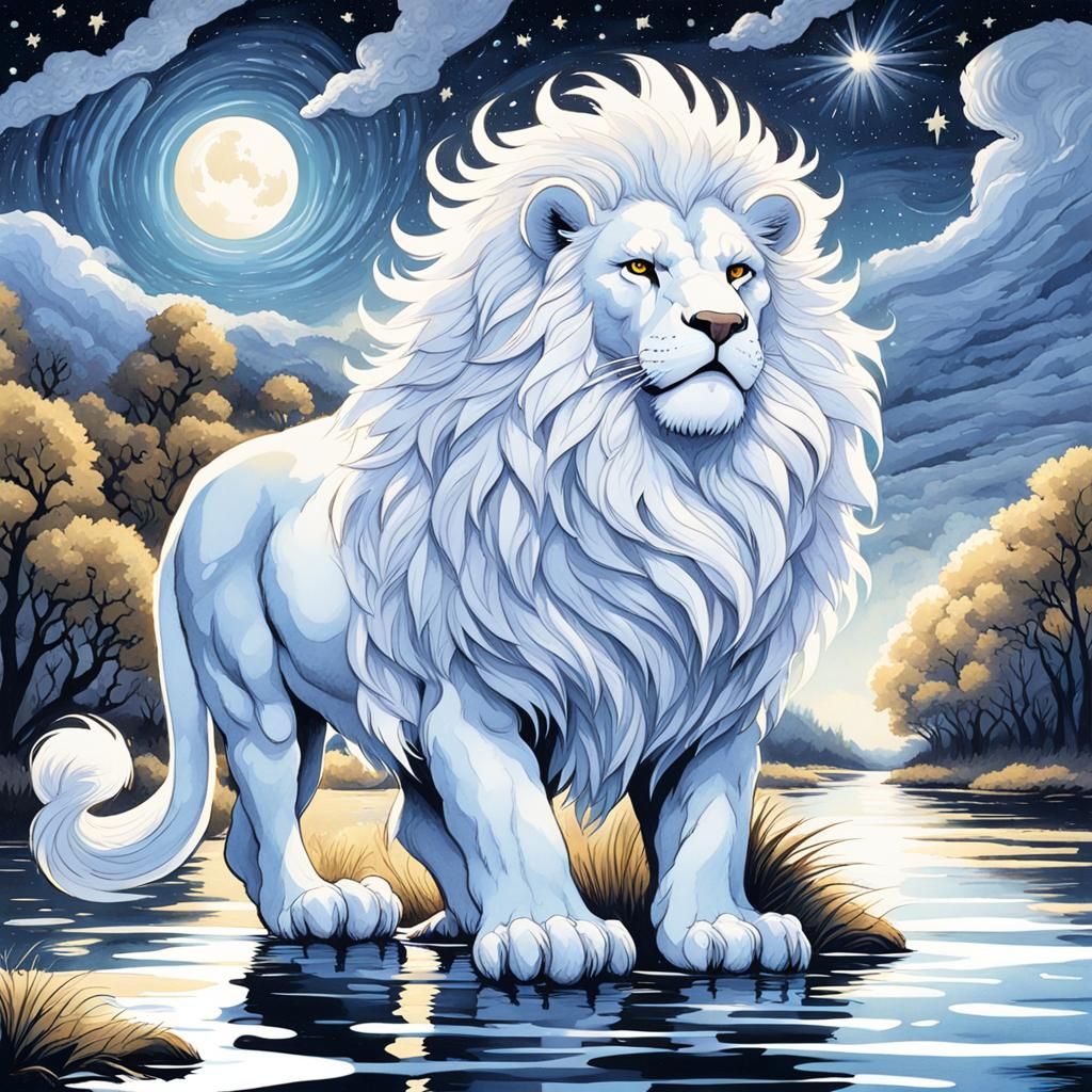 Ethereal White Lion in High Gothic Watercolor
