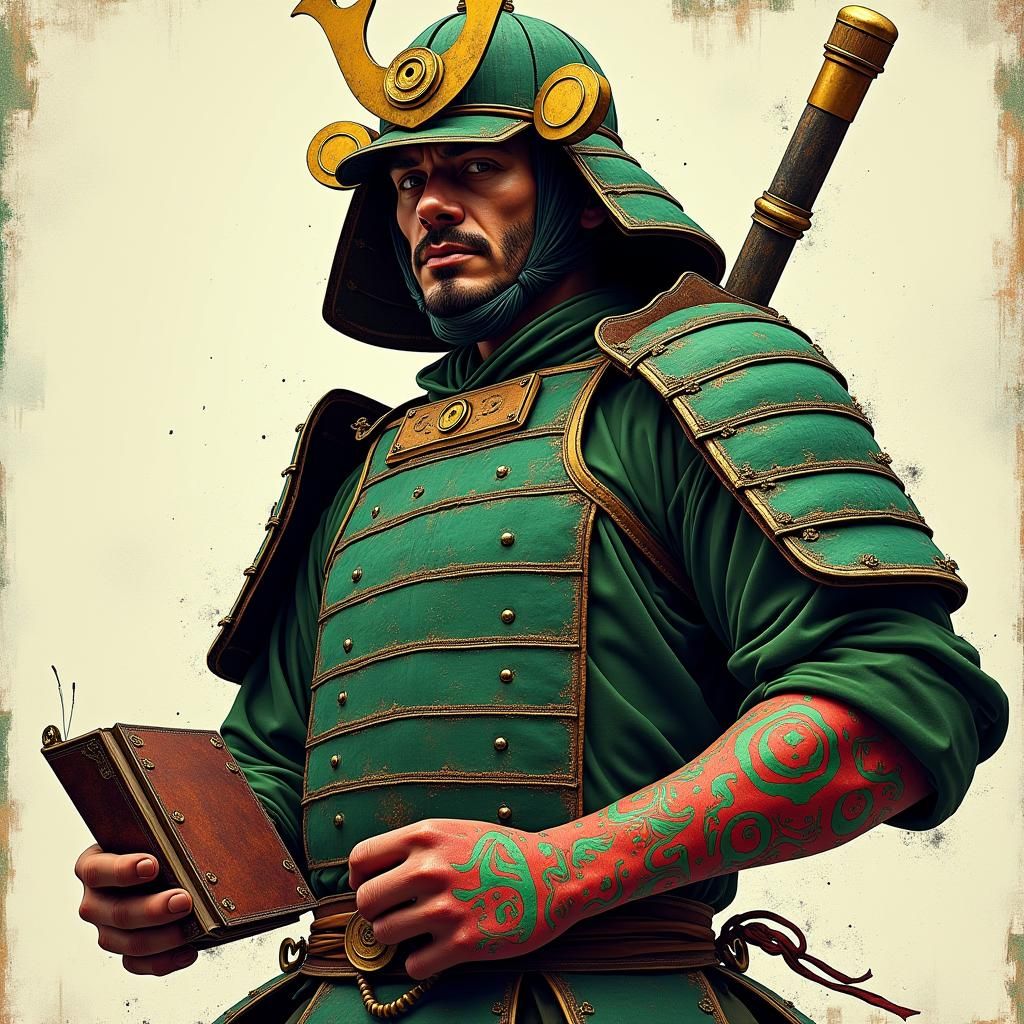 Samurai Warrior with Notebook: Digital Graffiti Art