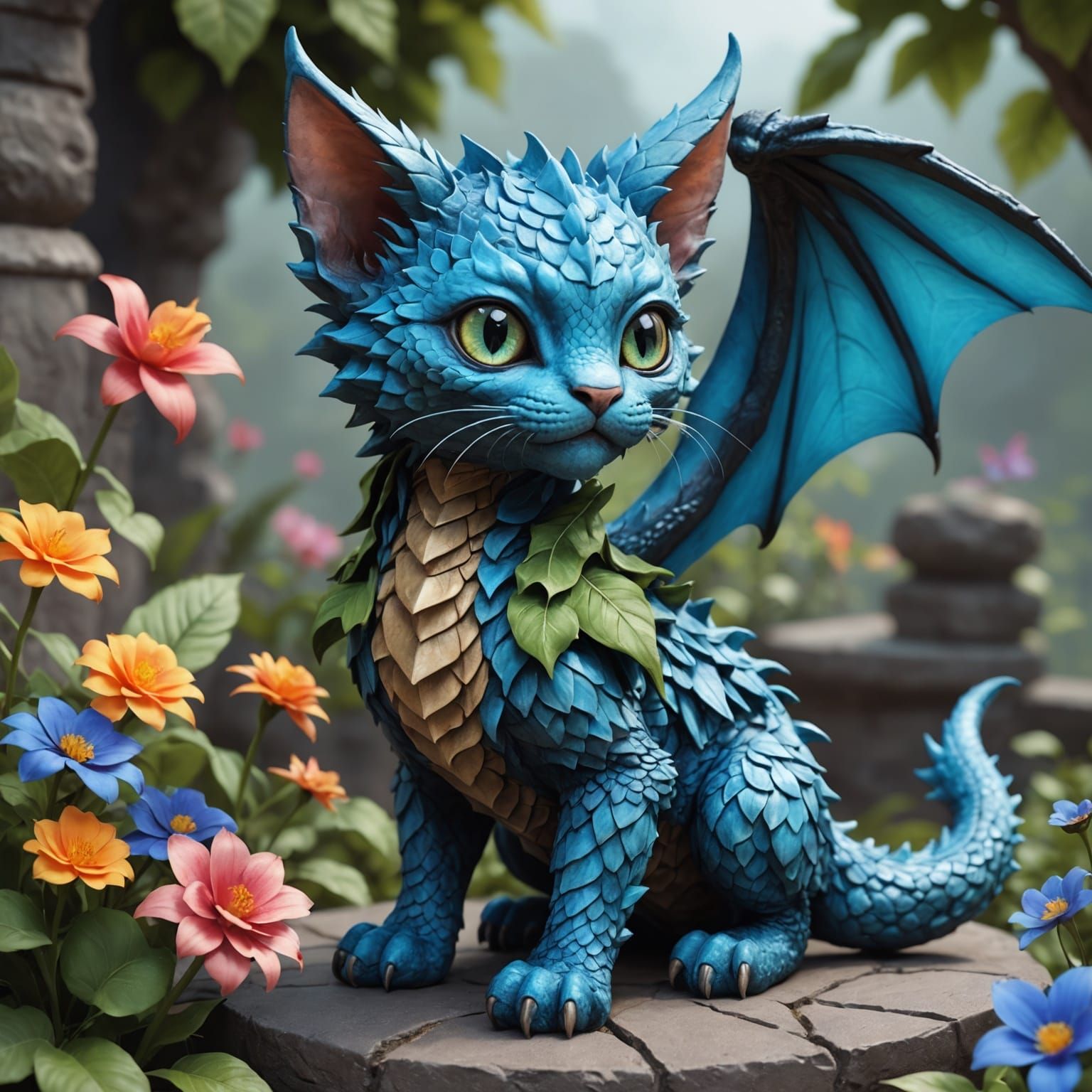 Dragon Kitten Statue in Digital Art Style