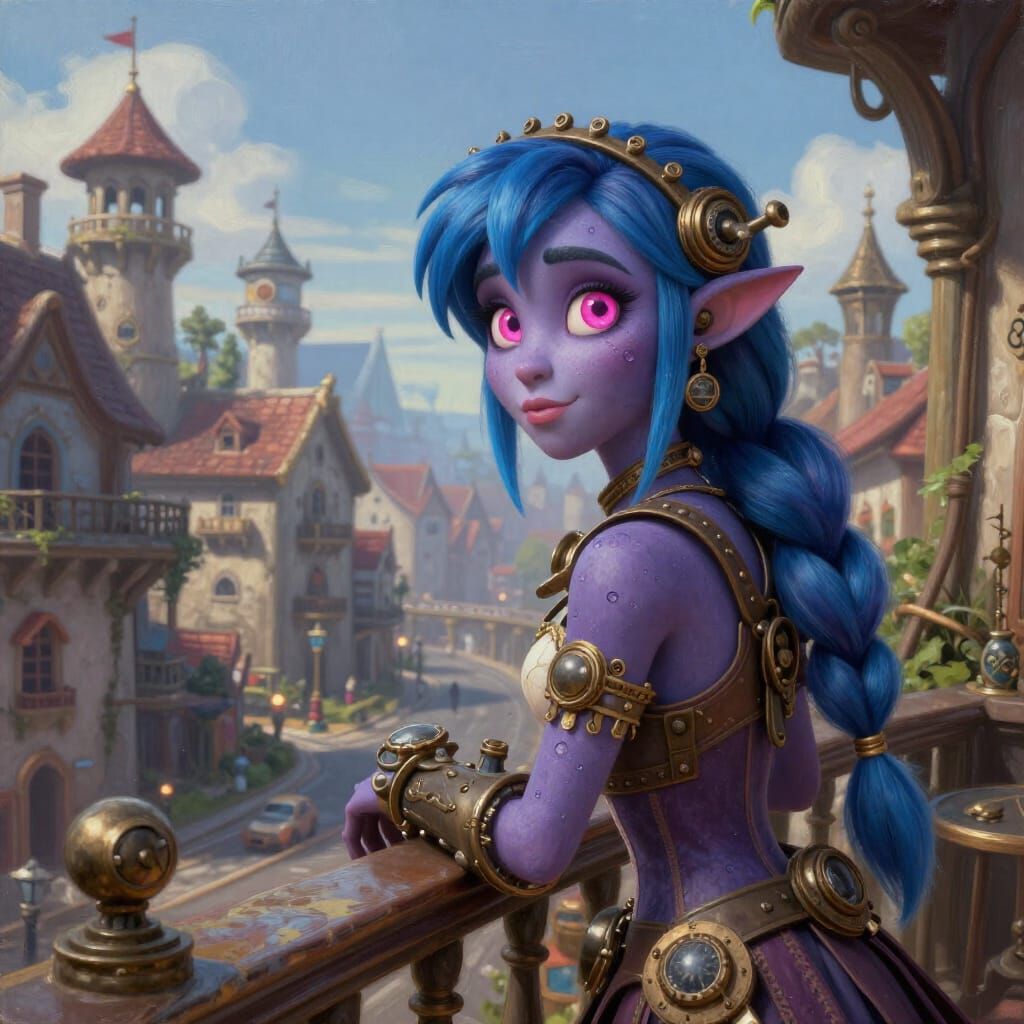 Steampunk Princess with Blue Hair and Pink Eyes Overlooking ...