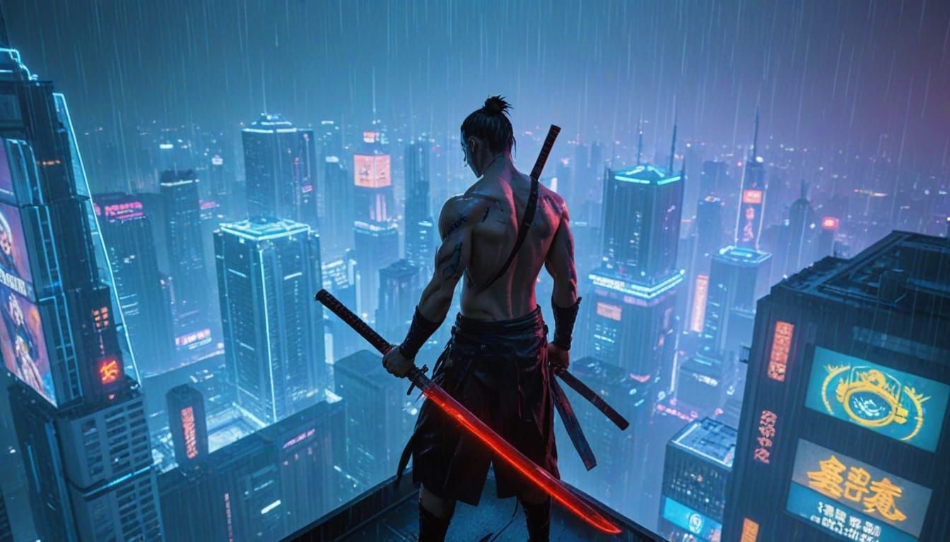 Shirtless Ronin with Katana in Cyberpunk City