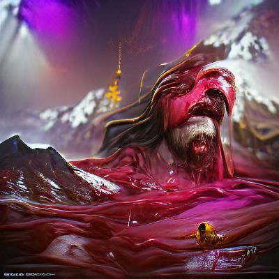Demonic Figure Dominates Blood-Soaked Mountain Landscape
