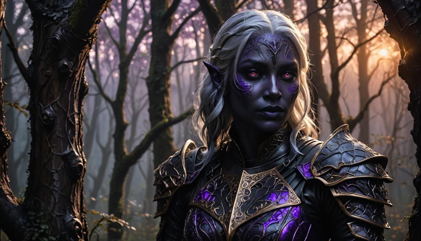 Drow Warrior in Mystical Forest at Sundown