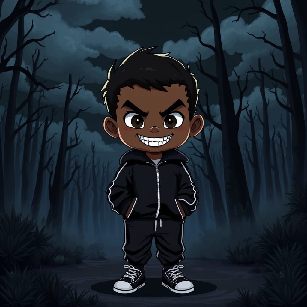 Young Boy in Enchanted Forest: Dark Futurism