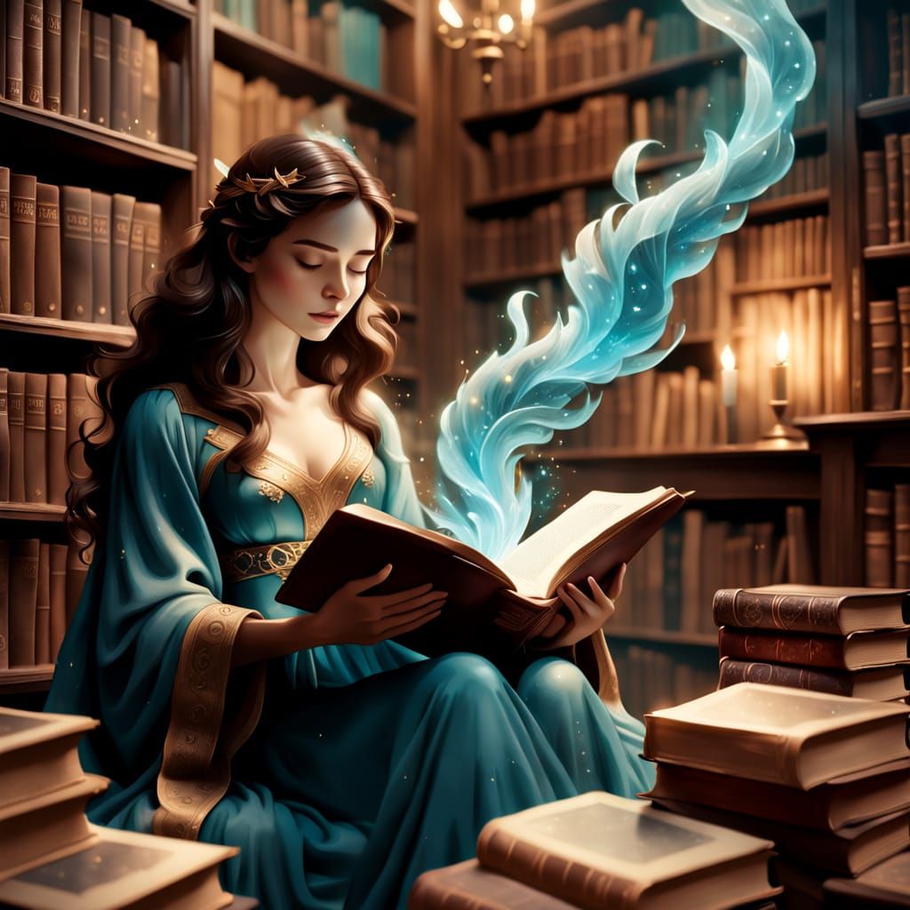 Supernatural Being in a Library Room, Delicate Impressionist...