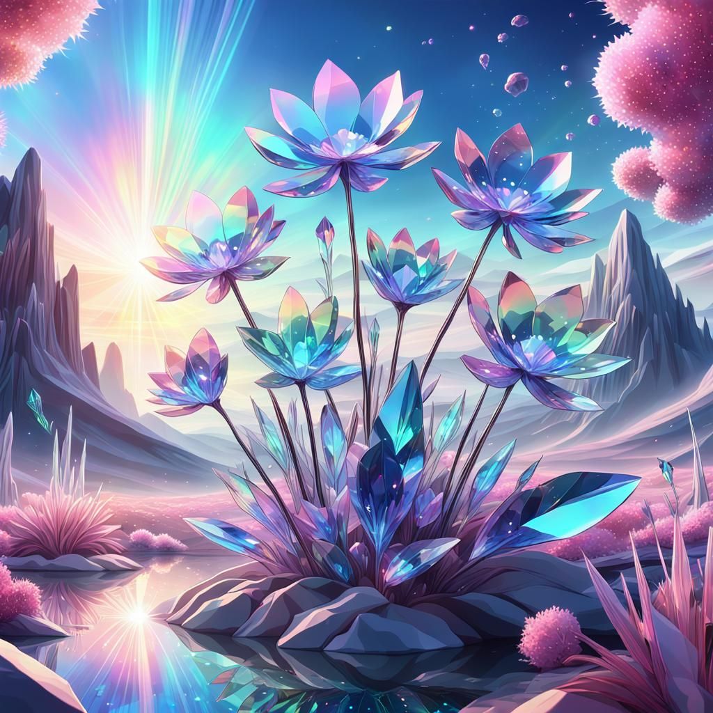 Crystal Flowers Bloom in Alien Landscape, 3D Anime Art