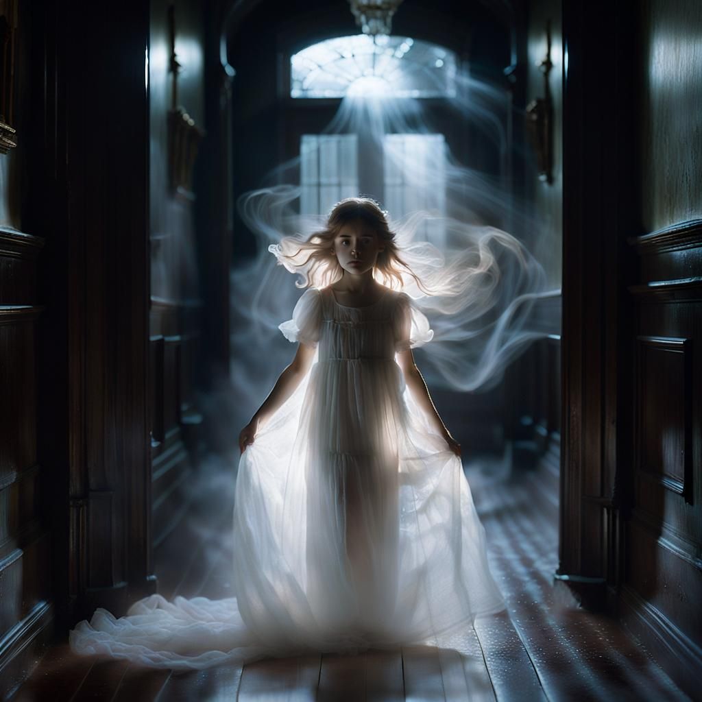 Ethereal Ghost Girl Portrait in Victorian Mansion