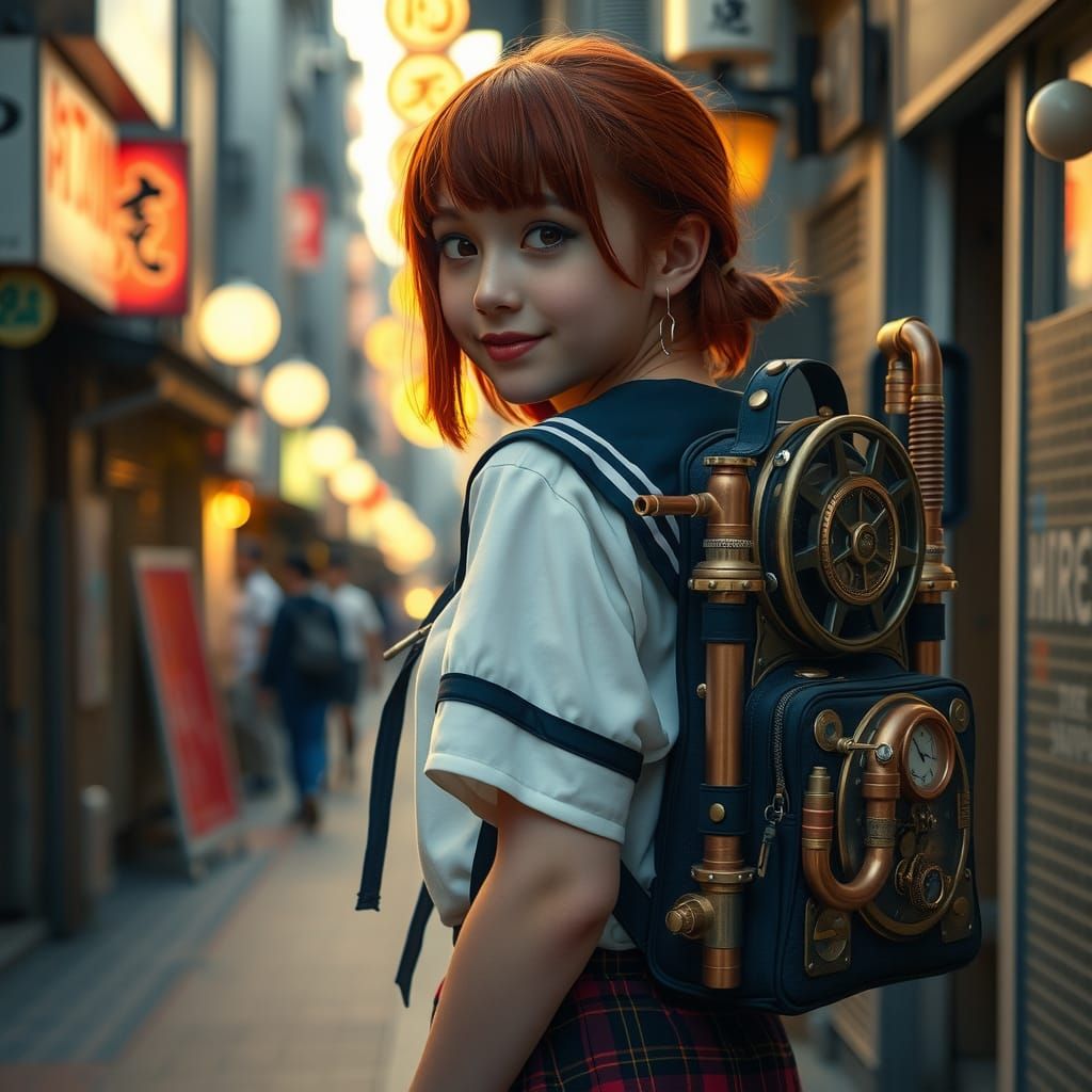 Steampunk Schoolgirl in Tokyo Alleyway at Dusk