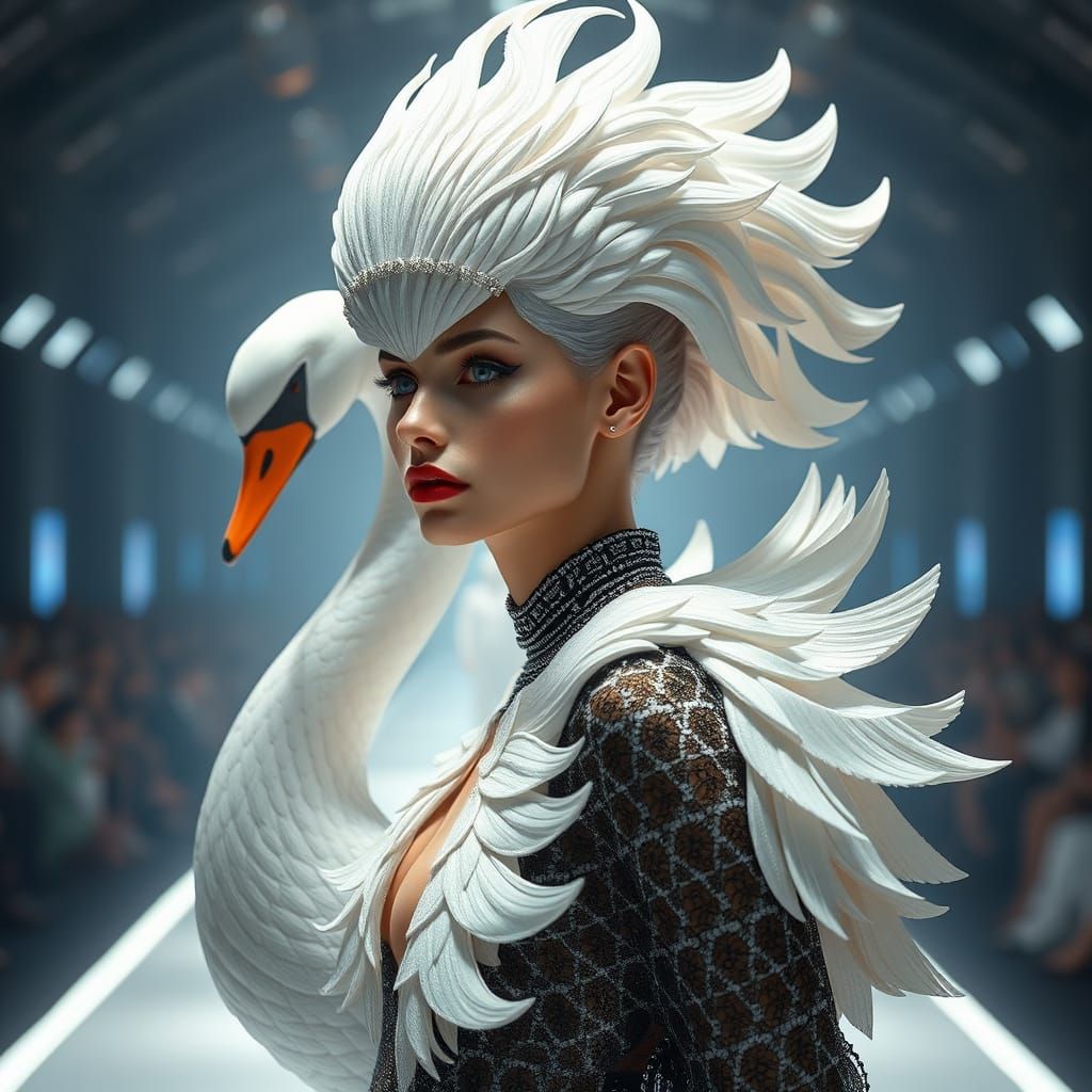 Futuristic Swan Hairstyle on Catwalk, Digital Matte Painting