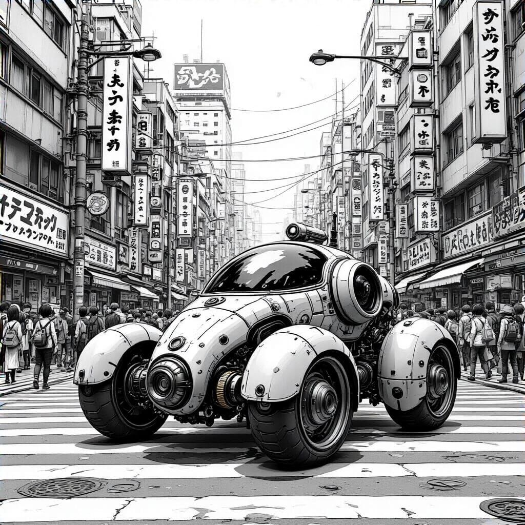 Steampunk Robot Car in Japanese City, Manga Sketch Art