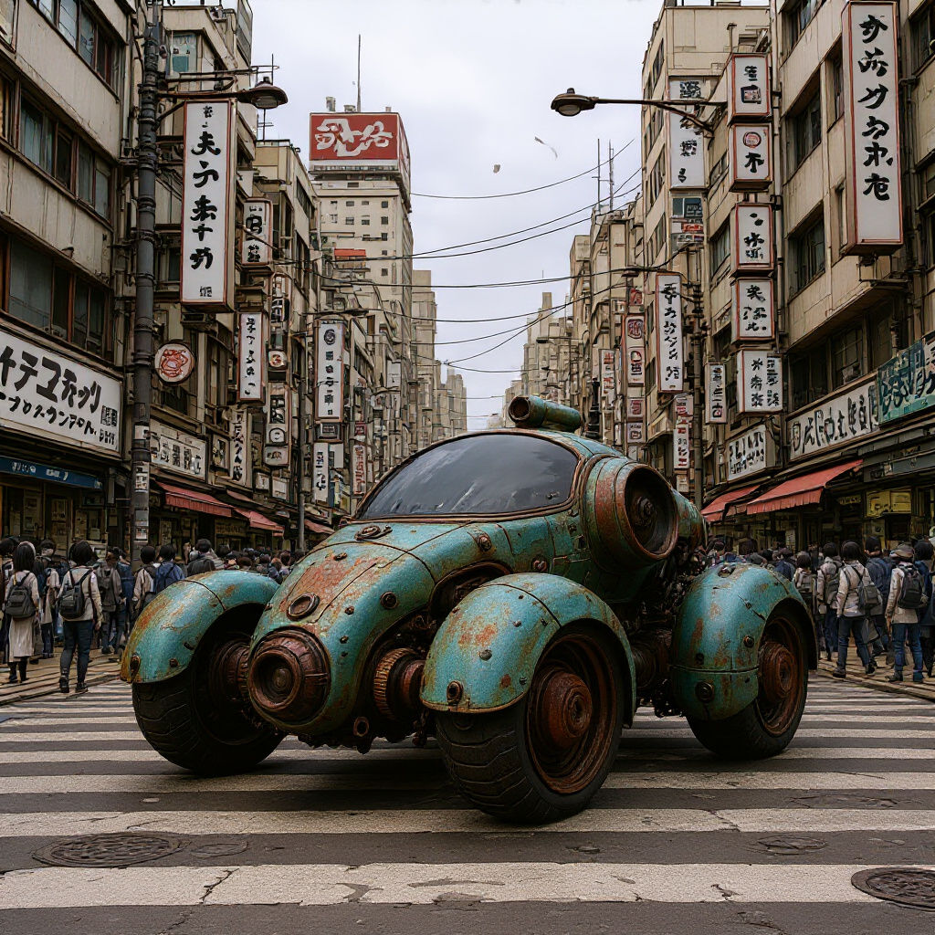 Steampunk Car in Japanese City, Manga Style