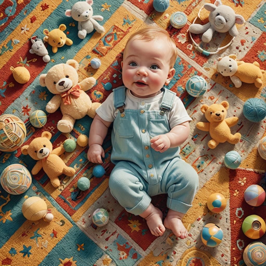 Delightful Baby Playing with Toys: Photorealistic Illustrati...