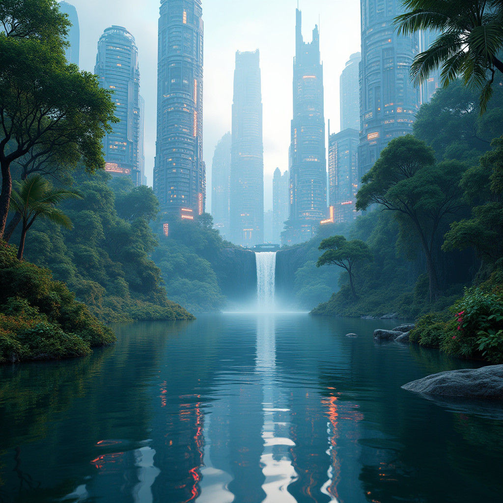 Futuristic Cityscape Reclaimed by Nature in Hyperrealism