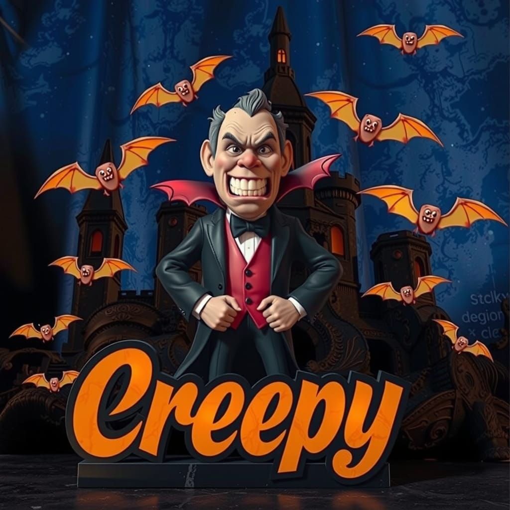 Large text that says "Creepy" in curly script font, sculpted...