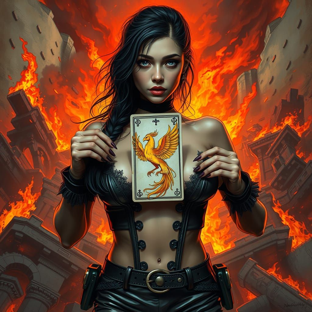 Fiery Phoenix Card in Dystopian Sci-Fi Style