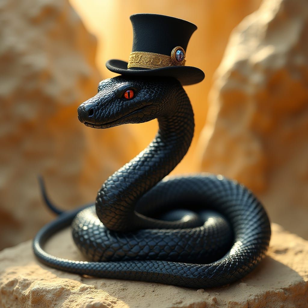 Whimsical Snake in Top Hat Against Sun-Drenched Rock