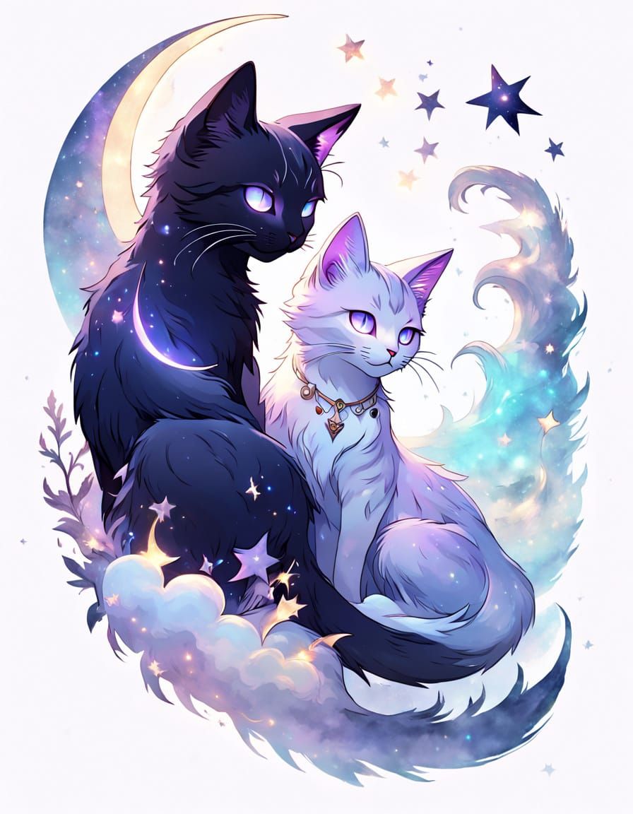 Ethereal Celestial Cats with Glowing Moons
