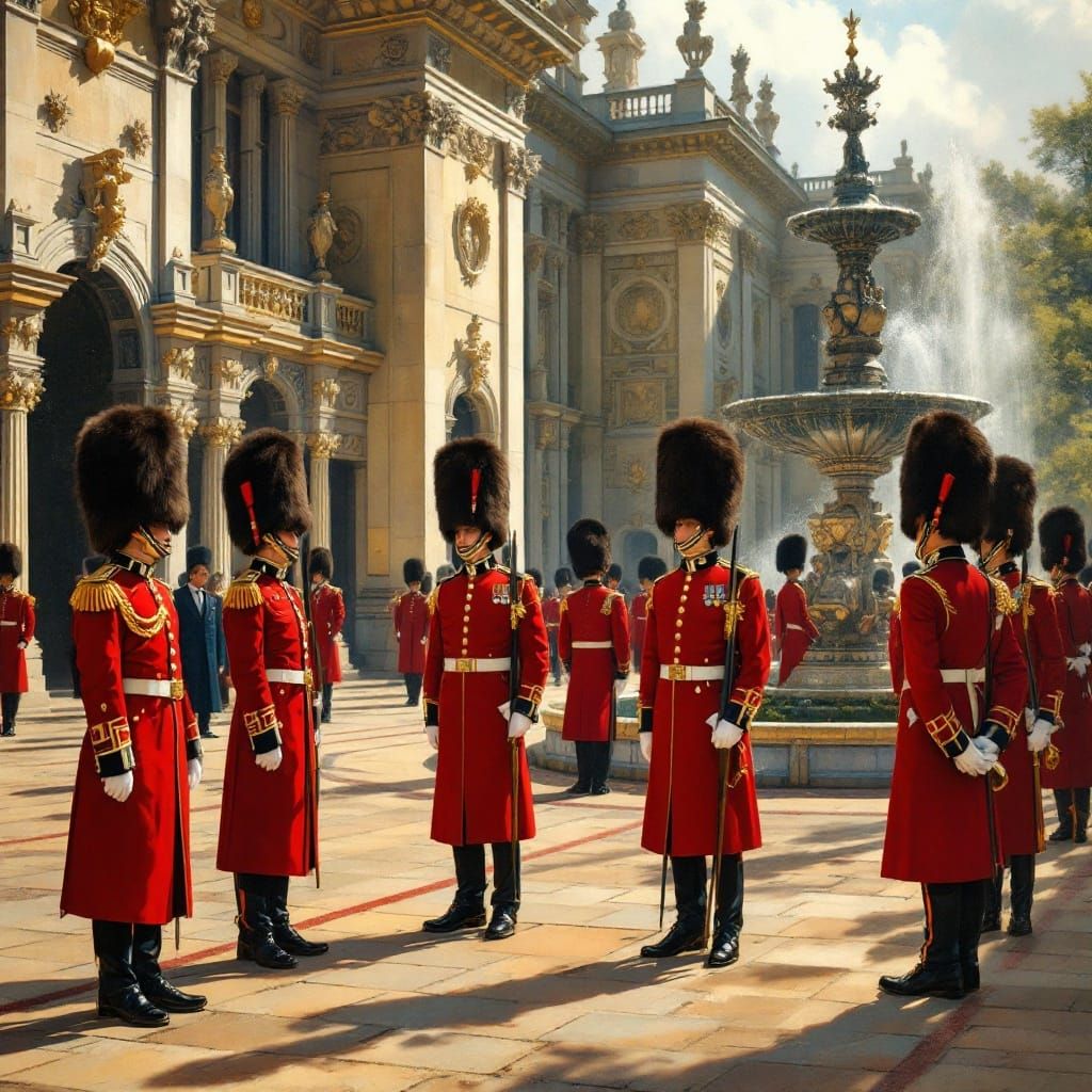 Elegant Grenadier Guards in Formal Palace Courtyard
