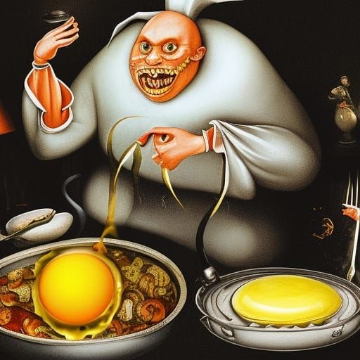 Demonic Chef Frying Eggs: Surreal Art