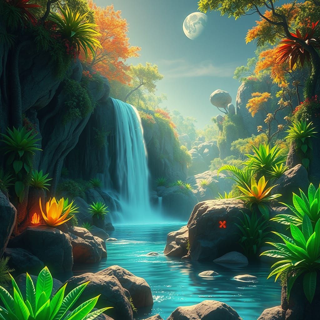 Alien Waterfall Scene in Psychedelic Anime Style