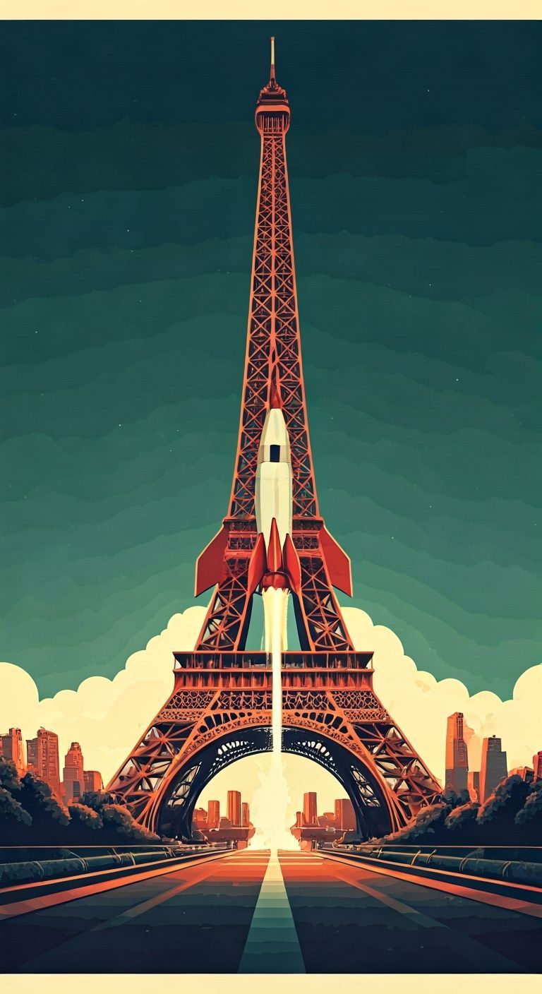 Eiffel Tower Rocket Launch in Retro-Futuristic Style