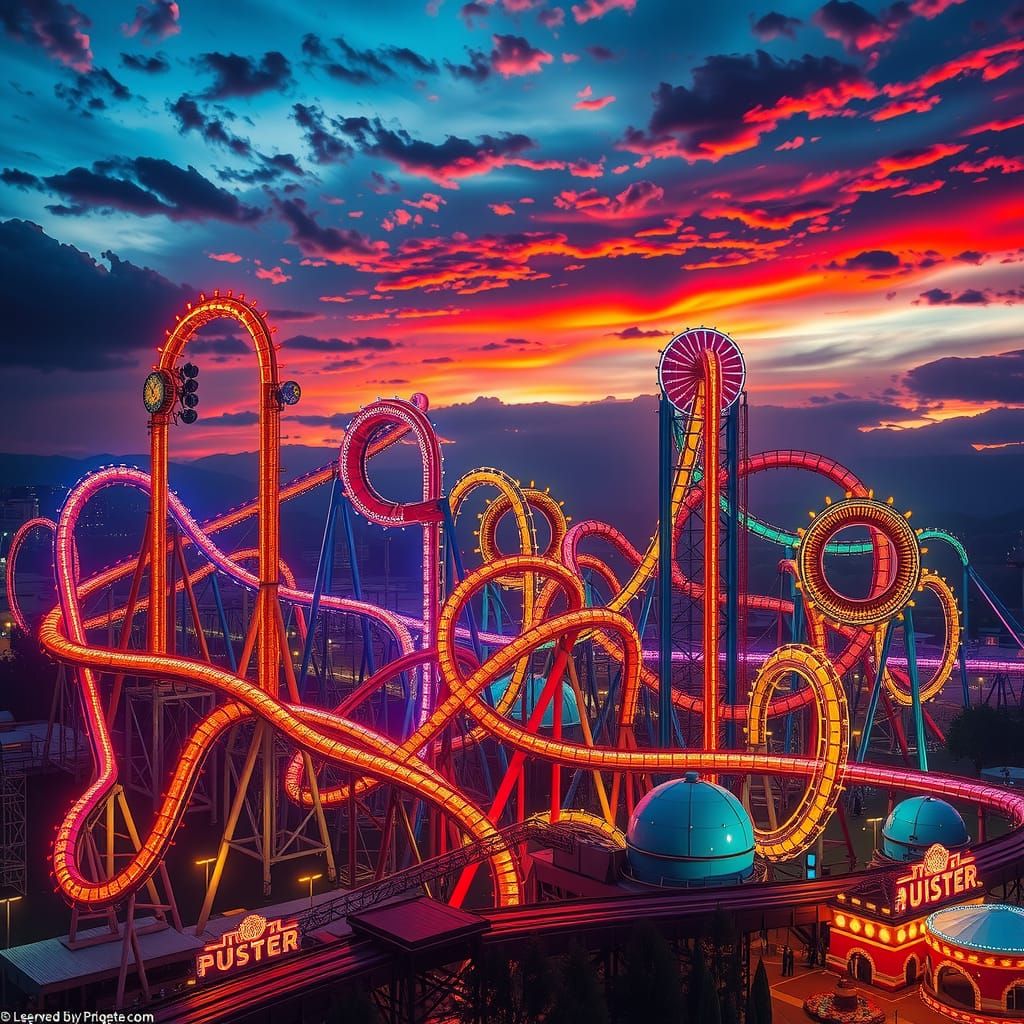 Electrifying Roller Coasters at Dusk in Digital Art Style