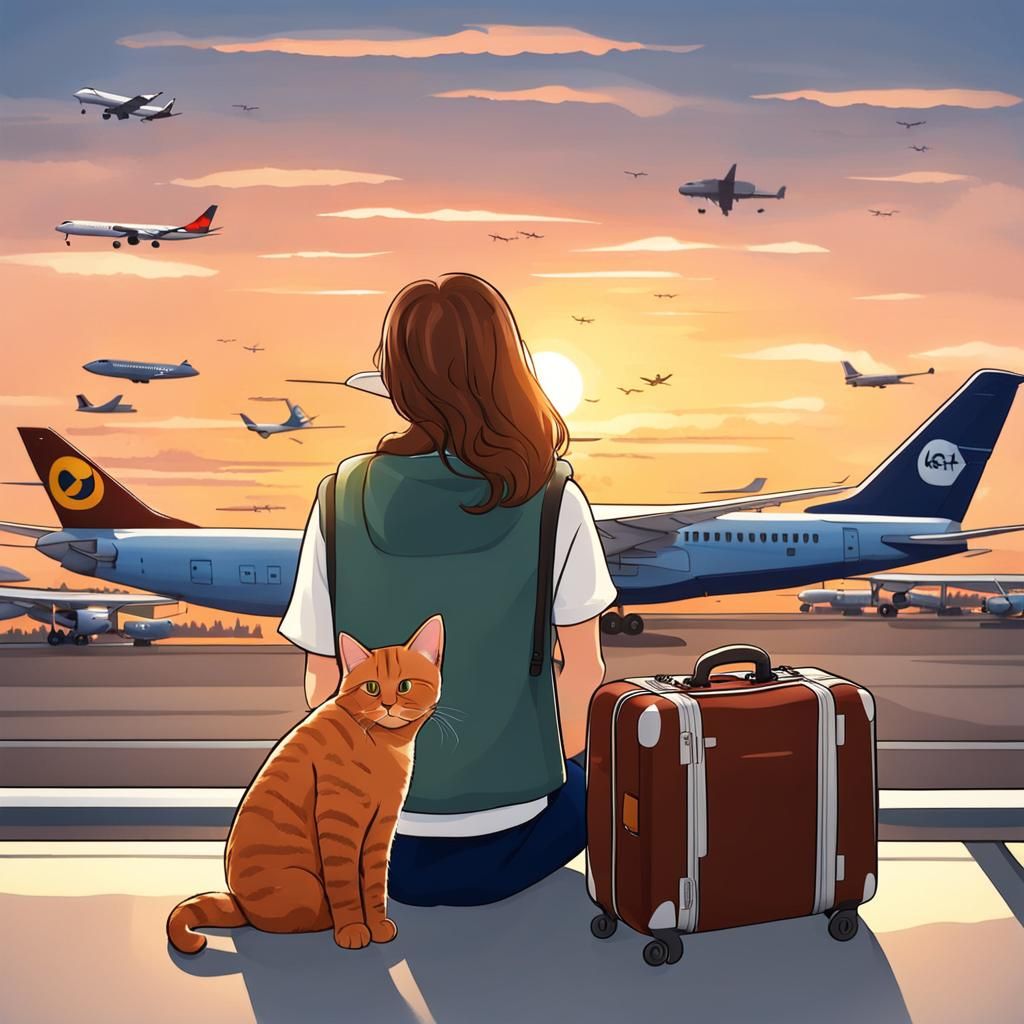 Girl and Cat Watching Airplanes at Sunset