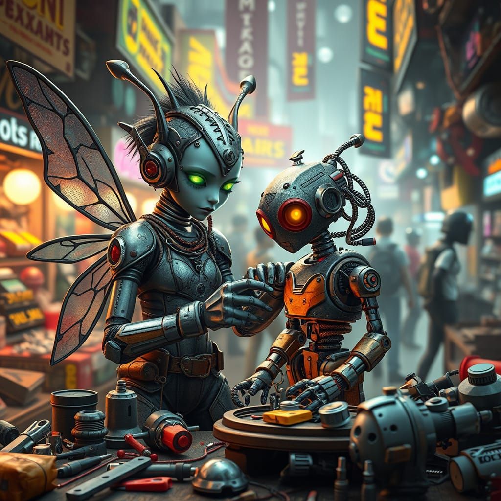 Mechanic Fairy Repairs Robot in Alien Market