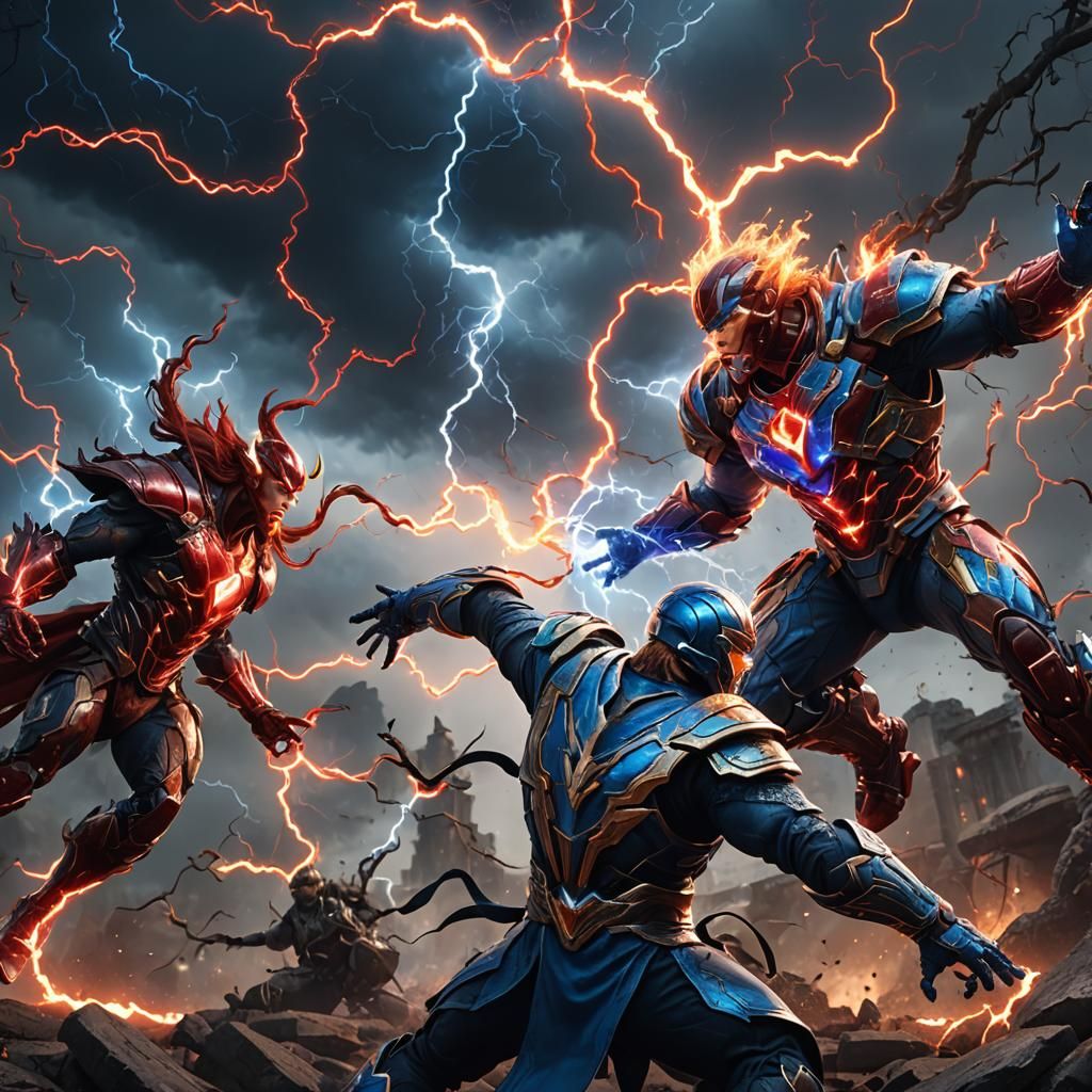 Red Lightning Versus Blue Lightning in Detailed Matte Painti...